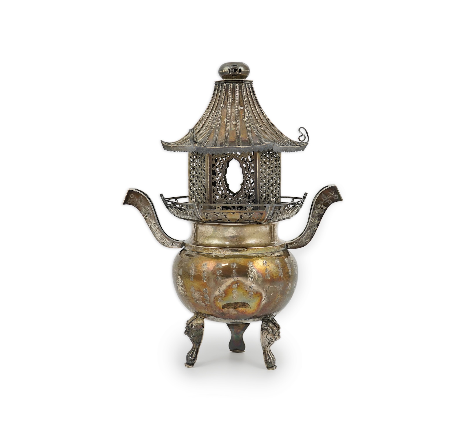 An unusual Chinese silver tripod censer with pagoda shaped cover, ding, early 20th century